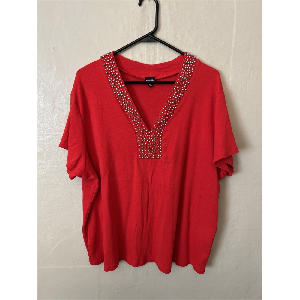 Rafaella 3X Red V Neck Beaded Stretch Knit Short Sleeve Top